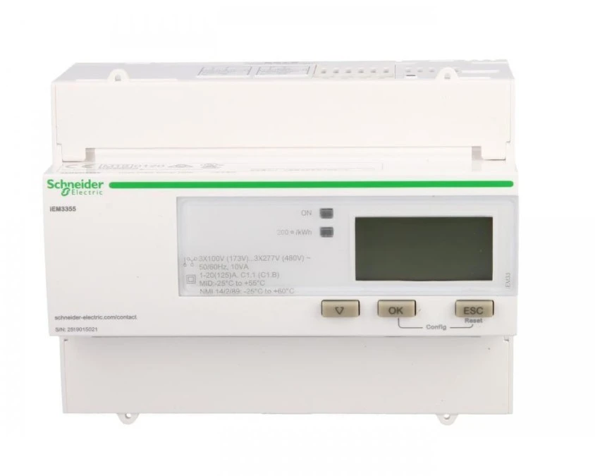 Licznik energii elektrycznej 1/3‑fazowy 125A 100‑277/173‑480V kl.1/B Modbus MID taryfowy cyfrowy modułowy A9MEM3355 - obrazek 1