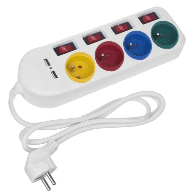 Listwa zasilająca Maclean, przedłużacz 4 gniazda + 2xUSB, z włącznikami, 250VAC/10A, 2.1A 5V, 1.5m, biała, MCE229 W - obrazek 2