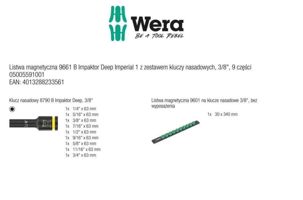 Listwa magnetyczna 9661 B Impaktor Deep Imperial 1 z zestawem kluczy nasadowych, 3/8, 9 części, WERA 05005591001 - obrazek 2