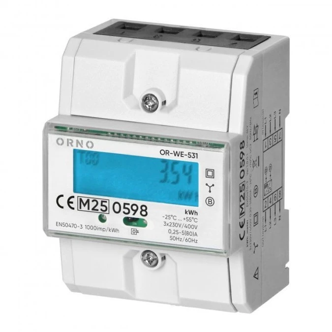 Licznik energii elektrycznej 3‑fazowy 80A, MID, 3 moduły, DIN TH‑35mm,OR‑WE‑531 - obrazek 1