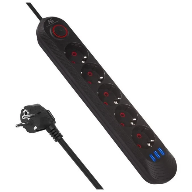 Listwa zasilająca Maclean, przedłużacz 5 gniazd + 3xUSB, 110‑240V AC 50/60Hz, 2.1A max 2500W, 1,5m, czarna ,MCE395 B - obrazek 1