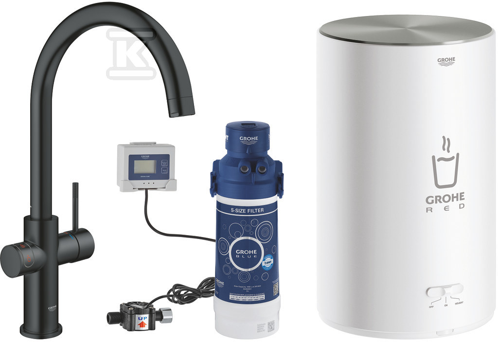 System gotujący wodę Grohe Red Duo kuchenny, aksamitna czerń, bateria i bojler 4 l, dostęp do wody zwykłej i wrzątku, głowica Ceramiczna 28 mm, blokada bezpieczeństwa, kąt obrotu wylewki typu C 150° filtr w zestawie 30083KS1 - obrazek 1