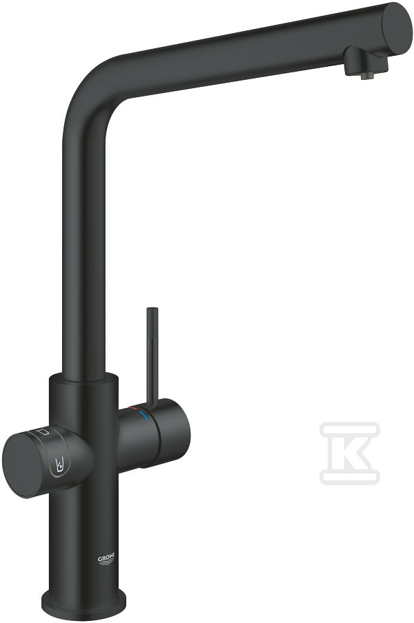 Zestaw startowy Grohe Blue Home bateria, chłodziarka, butla z CO2 i filtr 600 l, dostęp do wody zwykłej i filtrowanej (niegazowana, średnio gazowana, gazowana), kąt obrotu wylewki typu L 150° głowica Ceramiczna 28mm aksamitna czerń 31454KS1