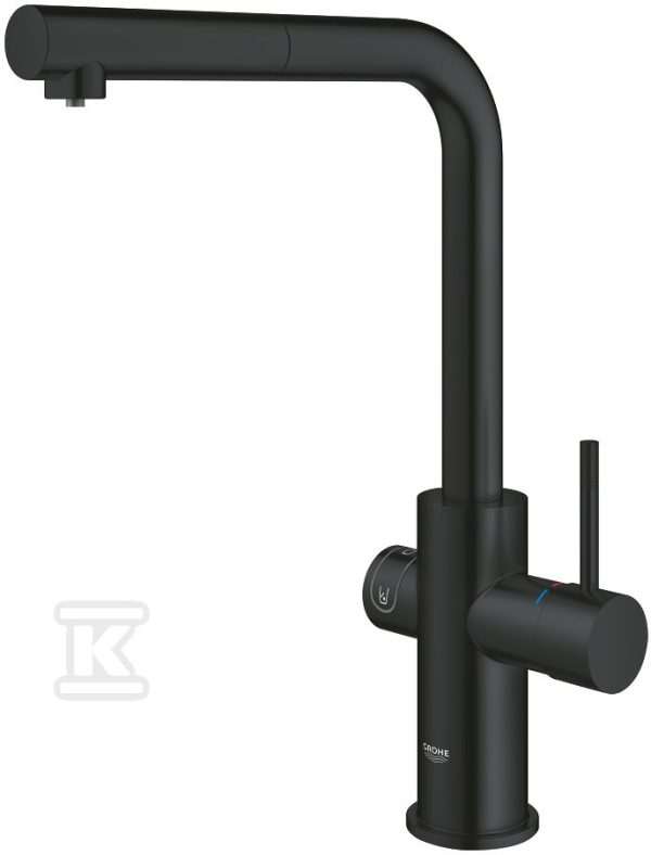 Zestaw startowy Grohe Blue Home, bateria, chłodziarka, butla z CO2 i filtr 600 l, dostęp do wody zwykłej i filtrowanej (niegazowana, średnio gazowana, gazowana), kąt obrotu wylewki typu L 360° wyciągana końcówka wylewki, głowica Ceramiczna 28mm aksamitna czerń 31539KS0