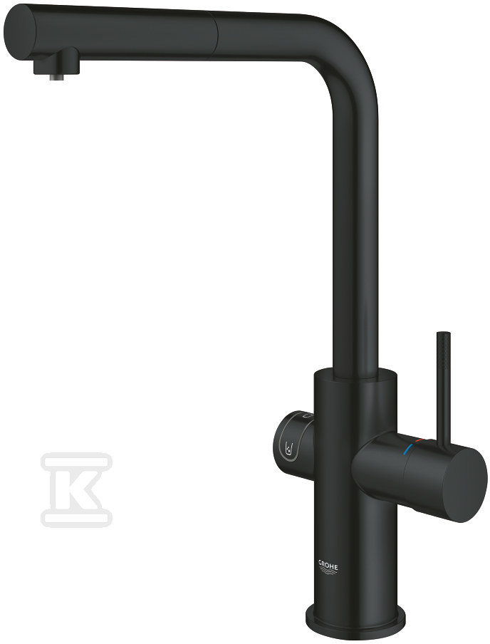 Zestaw startowy Grohe Blue Home, bateria, chłodziarka, butla z CO2 i filtr 600 l, dostęp do wody zwykłej i filtrowanej (niegazowana, średnio gazowana, gazowana), kąt obrotu wylewki typu L 360° wyciągana końcówka wylewki, głowica Ceramiczna 28mm aksamitna czerń 31539KS0 - obrazek 1
