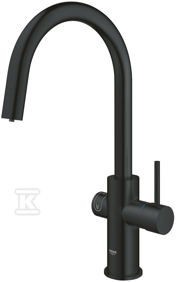 Zestaw startowy Grohe Blue Home bateria, chłodziarka, butla z CO2 i filtr 600 l, dostęp do wody zwykłej i filtrowanej (niegazowana, średnio gazowana, gazowana), kąt obrotu wylewki typu C 360° wyciągana końcówka wylewki, głowica Ceramiczna 28mm aksamitna czerń 31541KS0