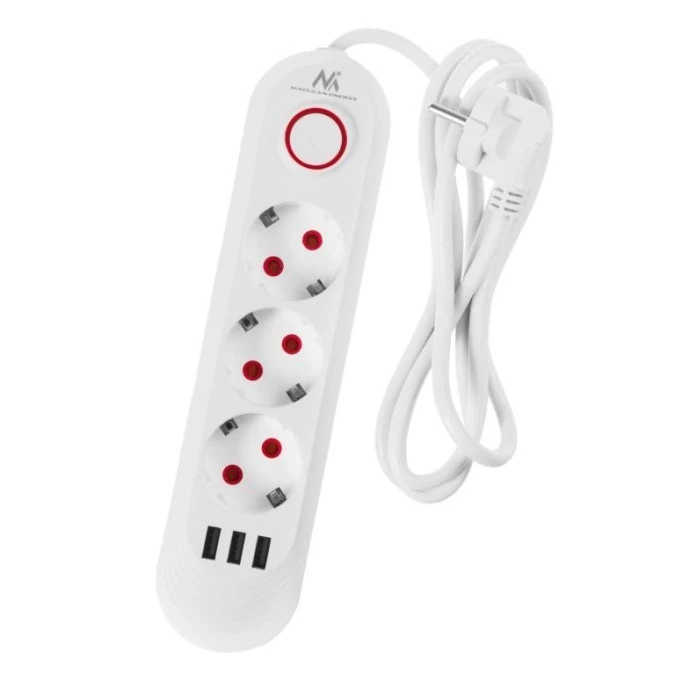 Listwa zasilająca Maclean, przedłużacz 3gniazda + 3xUSB, 110‑240V AC 50/60Hz, 2.1A max 2500W, 1,5m, biała ,MCE394 W - obrazek 2