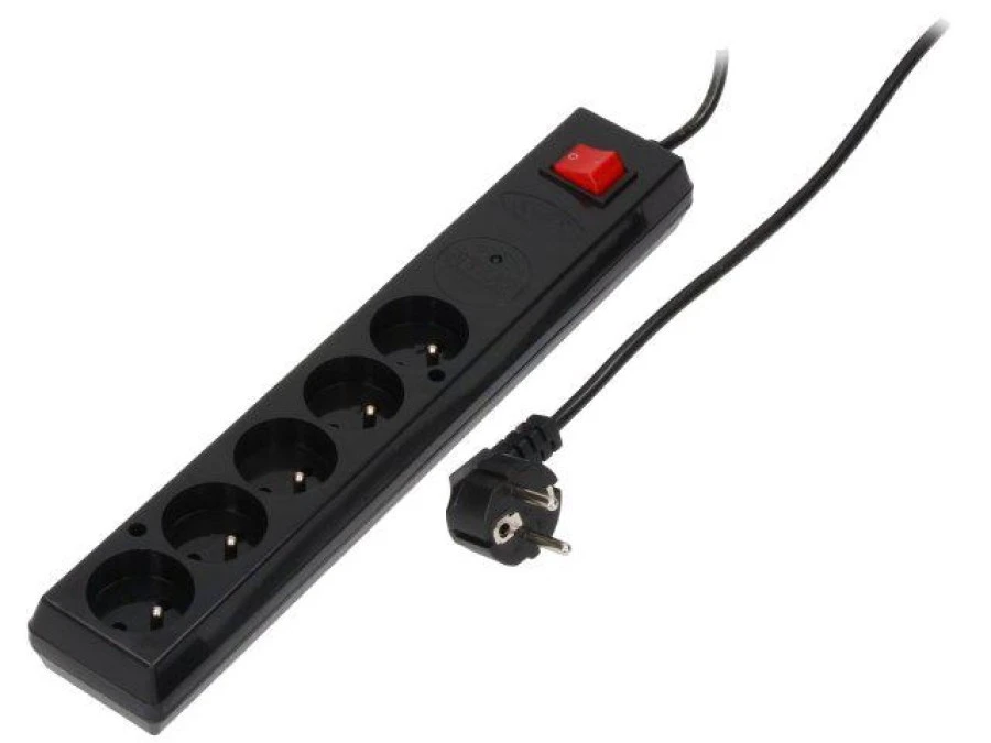 Listwa przeciwprzepięciowa PS‑5P 5‑gniazd z/u 10A 1,5m /OMY 3x1/ czarna - obrazek 1