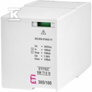 Moduł wymienny ogranicznika przepięć T1, T2 (B, C) – bez prądu upływu MOD. ETITEC SM T12 305/100 G 002440576 Moduł wymienny ogranicznika przepięć T1, T2 (B, C) – bez prądu upływu MOD. ETITEC SM T12 305/100 G 002440576