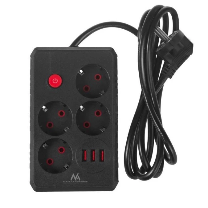 Listwa zasilająca Maclean, przedłużacz 4 gniazda + 3xUSB, 110‑240V AC 50/60Hz, 2.1A max 2500W, 1,5m, czarna,MCE392 B - obrazek 2