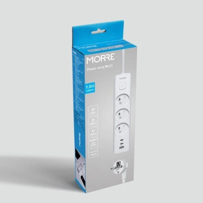 Listwa zasilająca MORRE M405 – 3 gniazda, USB‑A 12W, 2x USB‑C 12W, 1,5 m - obrazek 2