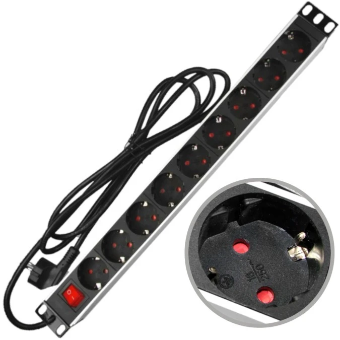 Listwa zasilająca RACK 19 1U 9 gniazd Schuko z wyłącznikiem - obrazek 1
