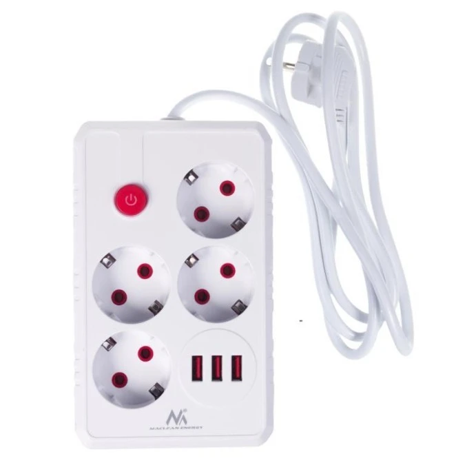 Listwa zasilająca Maclean, przedłużacz 4 gniazda + 3xUSB, 110‑240V AC 50/60Hz, 2.1A max 2500W, 1,5m, biała,MCE392 W - obrazek 2