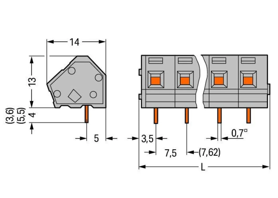 Listwa zaciskowa do płytek drukowanych 7‑biegunowa szara raster 7,5/7,62mm 236‑207 /20szt./ - obrazek 2