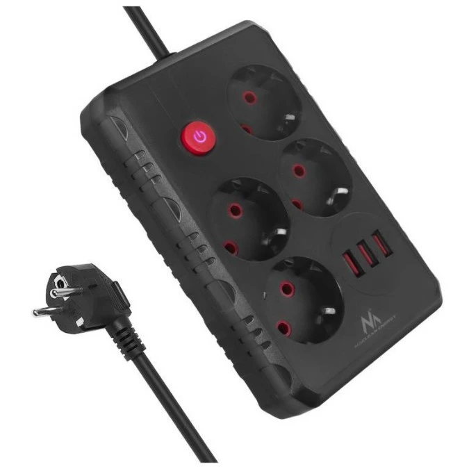 Listwa zasilająca Maclean, przedłużacz 4 gniazda + 3xUSB, 110‑240V AC 50/60Hz, 2.1A max 2500W, 1,5m, czarna,MCE392 B - obrazek 1