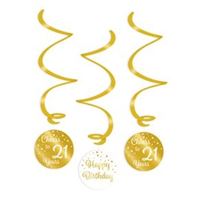 PD Party Wszystkiego najlepszego z okazji urodzin spirale sufitowe na urodziny Dekoracja urodzinowa Złoto i biel 21 Kobieta mężczyzna 3 sztuki ⌀ 14 cm Długość 70