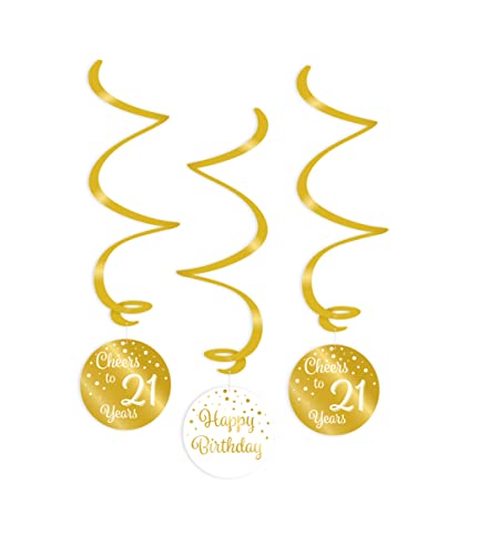 PD Party Wszystkiego najlepszego z okazji urodzin spirale sufitowe na urodziny Dekoracja urodzinowa Złoto i biel 21 Kobieta mężczyzna 3 sztuki ⌀ 14 cm Długość 70