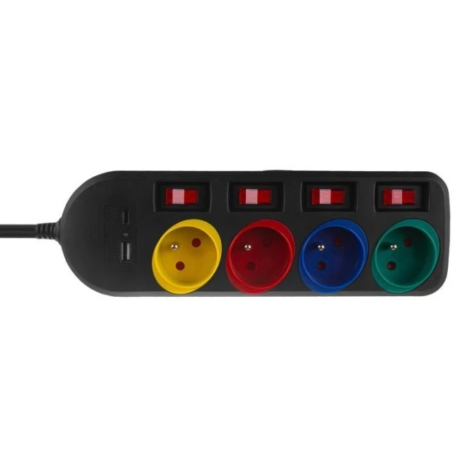 Listwa zasilająca Maclean, przedłużacz 4 gniazda + USB A / C, z włącznikami, 250VAC/10A, 1.5m, czarna, MCE508 B - obrazek 3
