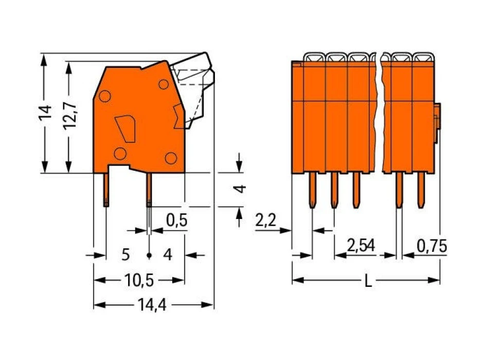 Listwa zaciskowa do płytek drukowanych 5‑torowa pomarańczowa raster 2,54mm 234‑505 /85szt./ - obrazek 2