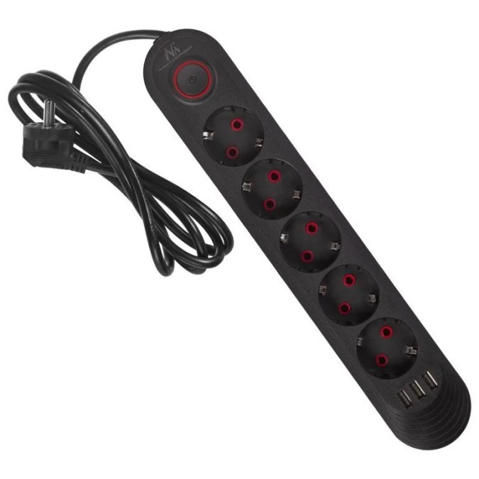 Listwa zasilająca Maclean, przedłużacz 5 gniazd + 3xUSB, 110‑240V AC 50/60Hz, 2.1A max 2500W, 1,5m, czarna ,MCE395 B - obrazek 2