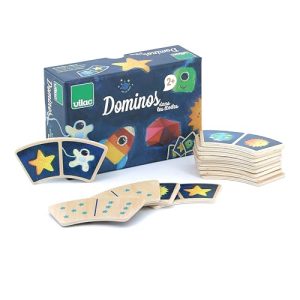 Vilac Drewniane odwracalne domino gra planszowa dla dzieci, tradycyjna edukacyjna, gwiazda, rakieta, Ziemia, motyw astronauta, 28 sztuk, + 2 lata Vilac Drewniane odwracalne domino gra planszowa dla dzieci, tradycyjna edukacyjna, gwiazda, rakieta, Ziemia, motyw astronauta, 28 sztuk, + 2 lata