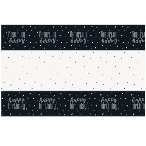 Unique Party 83583 czarne kropki urodziny plastikowy pokrowiec na stół, 137 cm x 213 jednorazowy 1 szt., Happy - obrazek 1