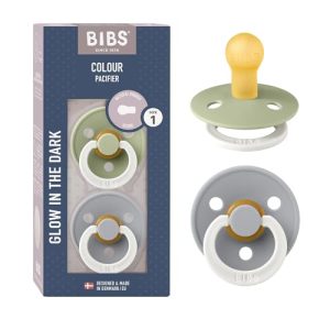 BIBS Colour NIGHT Smoczek, 2 szt., Bez BPA”, Okrągły kształt gumowej główki. Lateks z kauczuku naturalnego, Rozmiar 1 (0 6 miesięcy), Sage NIGHT/Cloud