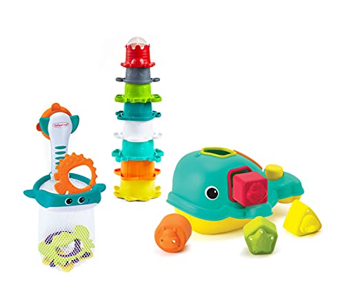 INFANTINO Ocean Fun Bathtime Playset Including Orca The Shape Sorting Whale, Shoot 'n Scoop pals and 8 Colourful Stacking Cups, BPA Free