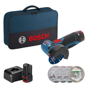 Bosch Professional system 12V: akumulatorowa szlifierka kątowa GWS 12V 76 (2 akumulatory GBA 2.0Ah, 5 częściowy zestaw tarcz tnących i szlifierskich, torba) Bosch Professional system 12V: akumulatorowa szlifierka kątowa GWS 12V 76 (2 akumulatory GBA 2.0Ah, 5 częściowy zestaw tarcz tnących i szlifierskich, torba)