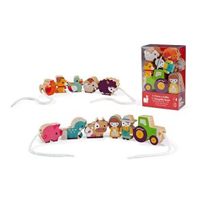 Janod Set of 11 Solid Wood Bead Figurines Double Sided Farm Theme From 2 years, J05315