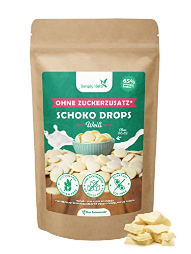 Simply Keto Lower Carb* krople czekoladowe bez dodatku cukru (200 g) białe do podjadzenia lub pieczenia słodzone z erytrytem zamiast idealne diety niskowęglowodanowej i ketogenicznej - obrazek 1