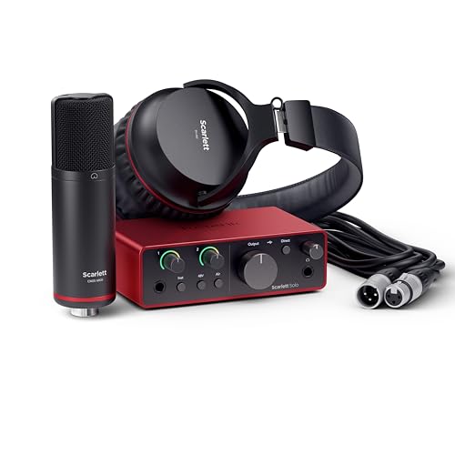 Focusrite Scarlett Interfejsy audio USB Solo Studio 4. generacji dla autorów piosenek, gitarzystów, wokalistów lub producentów, z mikrofonem i słuchawkami, do nagrywania pisania piosenek - obrazek 1