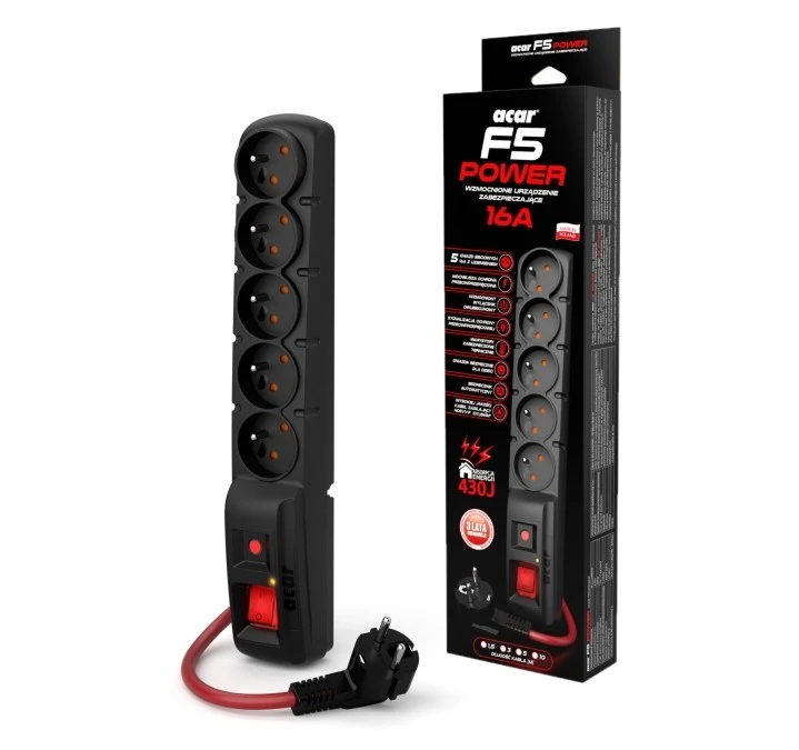 Listwa zasilająca ACAR F5 POWER 5gn.10m 16A czarna - obrazek 2