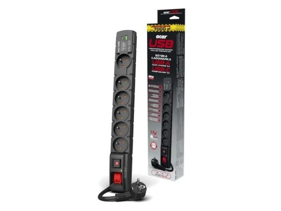 Listwa zasilająca ACAR S6 USB A+C 3M 6X 230V PL PD 3.0 QC czarna W2437 - obrazek 2