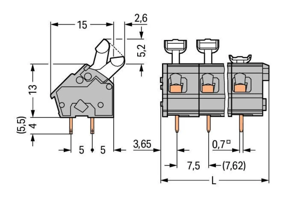 Listwa zaciskowa do płytek drukowanych 8‑biegunowa szara raster 7,5/7,62mm 256‑508/332‑000 /15szt./ - obrazek 2
