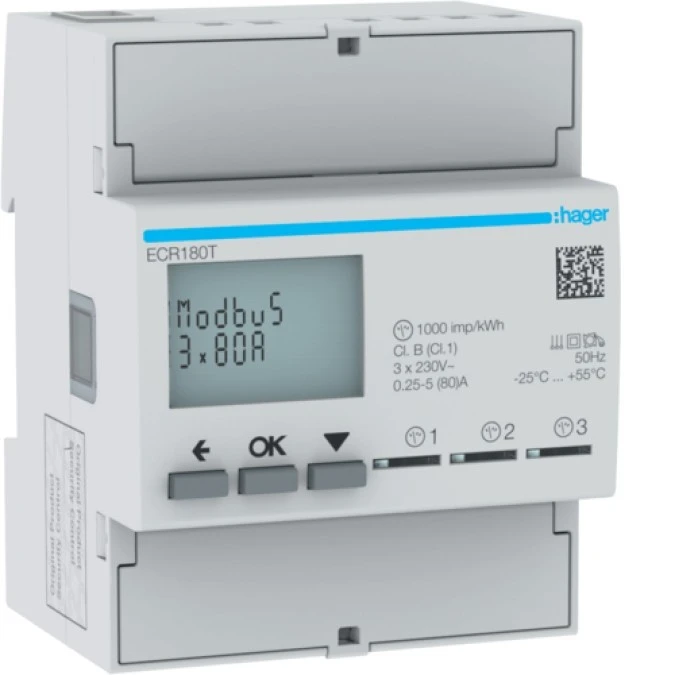 Licznik energii elektrycznej 1‑fazowy, 3x80A 4M, Modbus agardio.measure ECR180T - obrazek 1