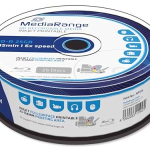 MediaRange BD R 25 GB 6 krotna prędkość zapisu, możliwość zadrukowania na całej powierzchni, pudełko ciasto szt