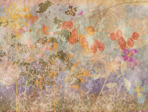Livingwalls Fototapeta w stylu vintage, tapeta kwiatowa, kolorowa, pomarańczowo fioletowa, 382641 The Wall 2,8 x 3,71 m do salonu, sypialni, przedpokoju