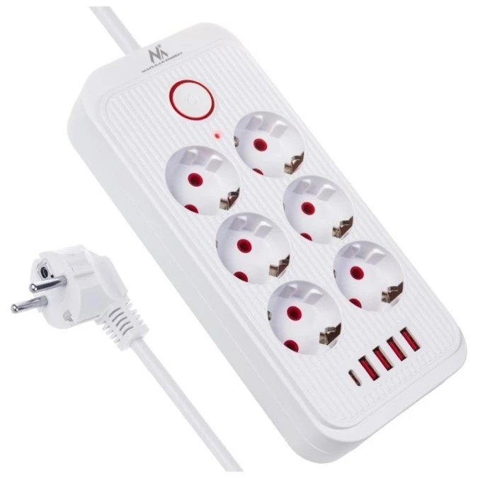 Listwa zasilająca Maclean, przedłużacz 6 gniazd + 4xUSB, 110‑240V AC 50/60Hz, 2.1A max 2500W, 1,5 m, biała, MCE389 W - obrazek 1