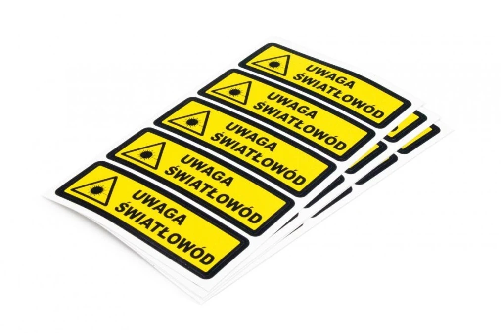 Naklejka 25x100mm z trójkątem ostrzegawczym i napisem Uwaga światłowód,20 szt.(4 arkusze po 5szt) SP‑NKL‑US