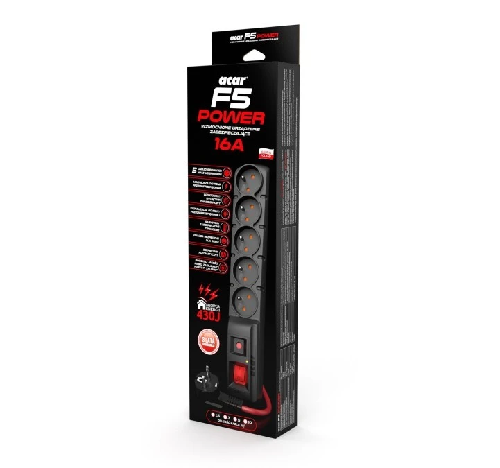 Listwa zasilająca ACAR F5 POWER 5gn.10m 16A czarna - obrazek 3