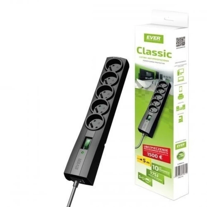 Listwa przeciwprzepięciowa Ever Classic T/LZ09‑CLA030/0000 (5 x UTE 10 A 3m kolor czarny) - obrazek 2