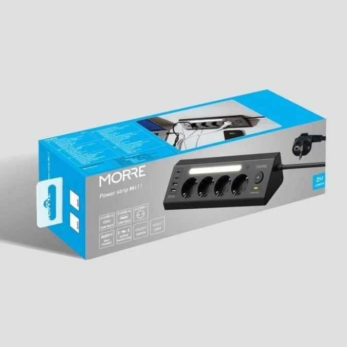 Listwa zasilająca MORRE M411 – 4 gniazda AC, 2xUSB‑C 15W, 2xUSB‑A 12W, 2m - obrazek 3