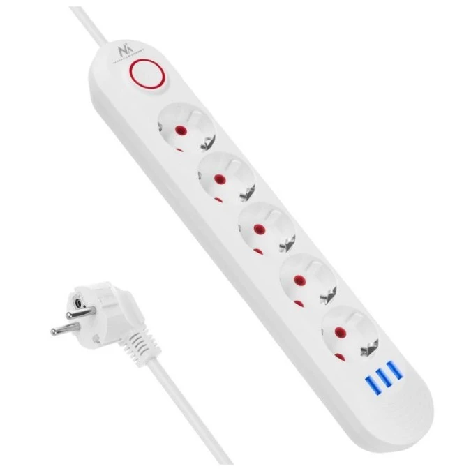 Listwa zasilająca Maclean, przedłużacz 5 gniazd + 3xUSB, 110‑240V AC 50/60Hz, 2.1A max 2500W, 1,5m, biała ,MCE395 W - obrazek 1