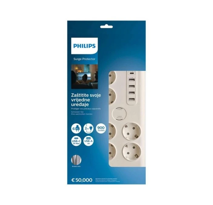 Listwa przepięciowa 6 gniazd bez bolca +USB C Philips schuko SPN7060WA/58 - obrazek 2