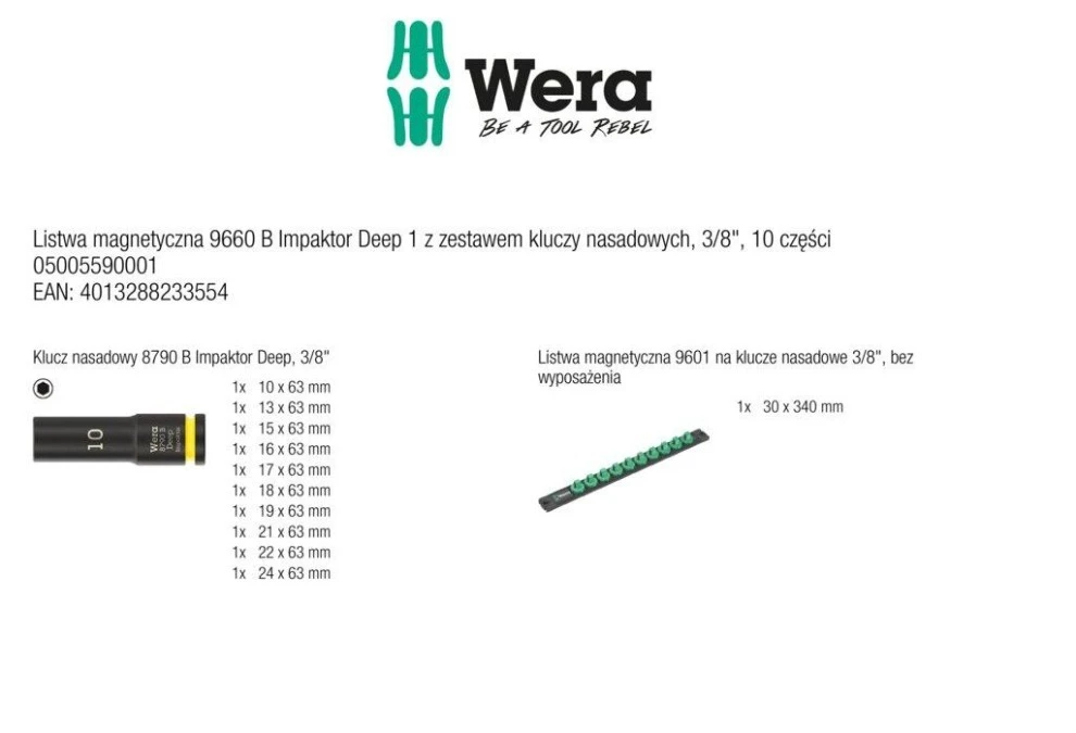 Listwa magnetyczna 9660 B Impaktor Deep 1 z zestawem kluczy nasadowych, 3/8, 10 części, WERA 05005590001 - obrazek 2