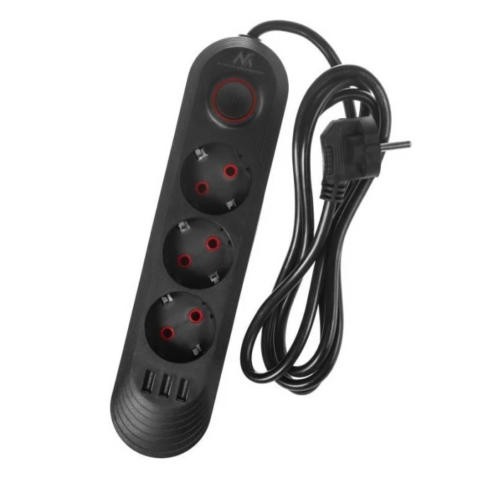 Listwa zasilająca Maclean, przedłużacz 3gniazda + 3xUSB, 110‑240V AC 50/60Hz, 2.1A max 2500W, 1,5m, czarna ,MCE394 B - obrazek 2