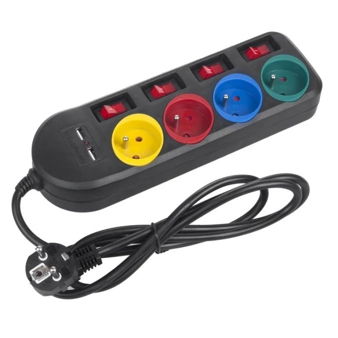 Listwa zasilająca Maclean, przedłużacz 4 gniazda + 2xUSB, z włącznikami, 250VAC/10A, 2.1A 5V, 1.5m, czarna, MCE229 B - obrazek 2