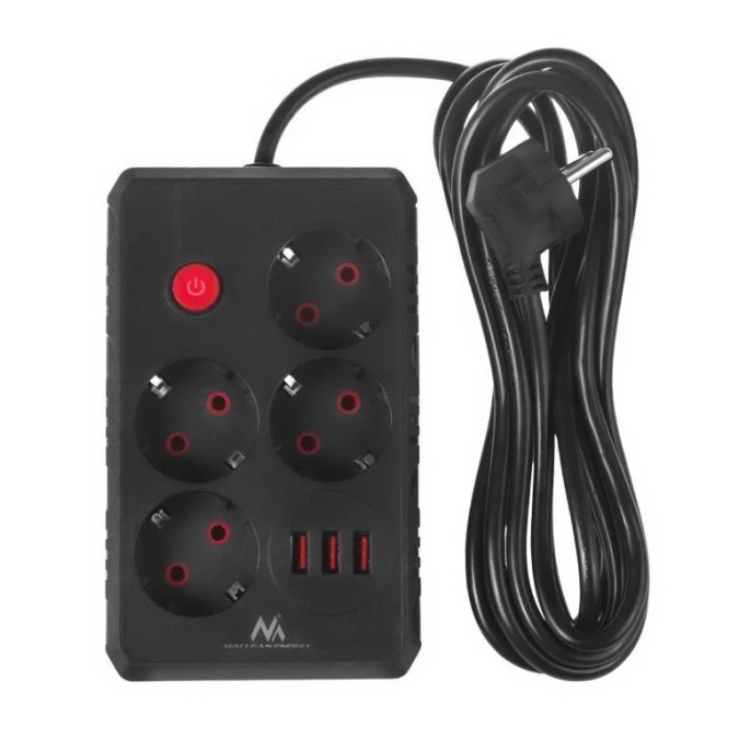 Listwa zasilająca Maclean, przedłużacz 4 gniazda + 3xUSB, 110‑240V AC 50/60Hz, 2.1A max 2500W, 3m, czarna ,MCE393 B - obrazek 2