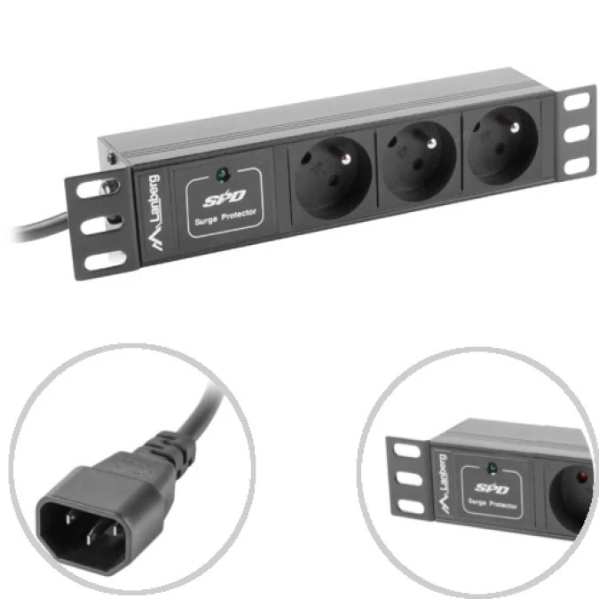 Listwa zasilająca RACK PDU 10 LANBERG 1U 10A 3X 230V PL 2M czarna C14 PDU‑03E‑0200‑IEC‑BK - obrazek 1